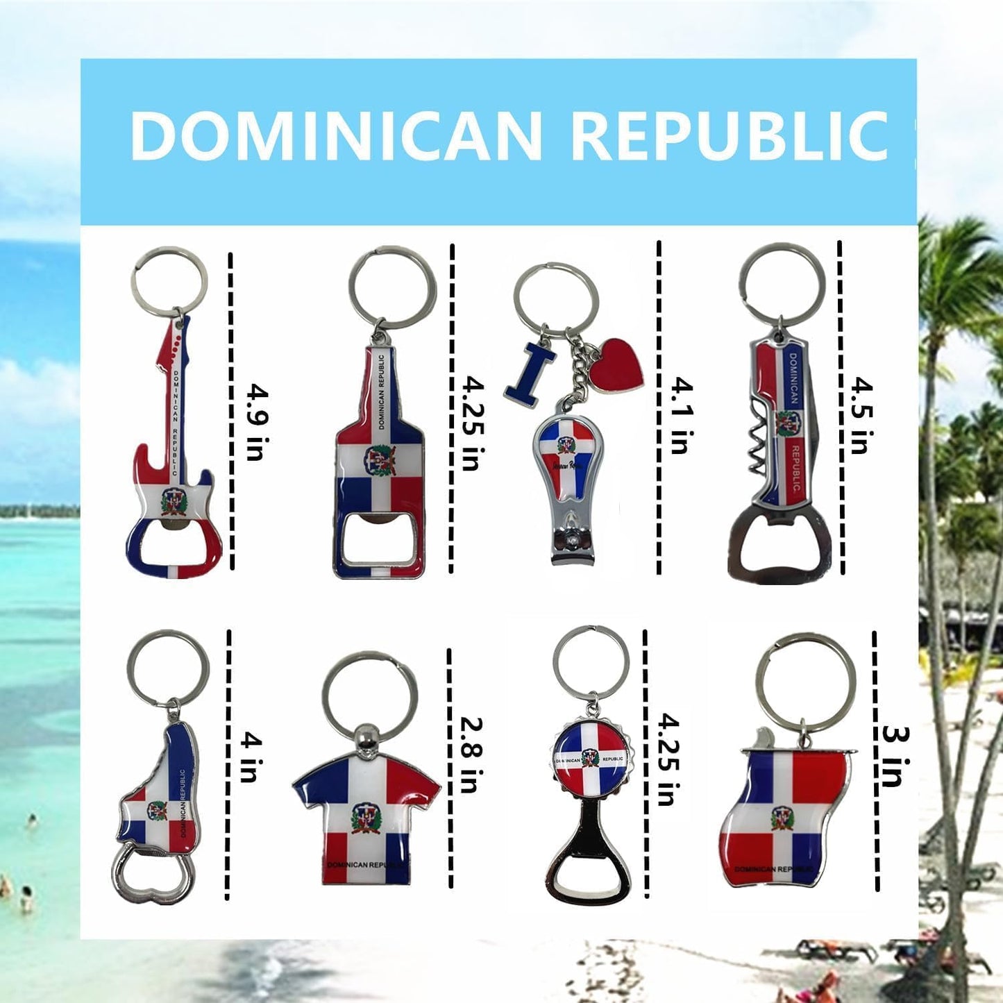 Paquete de 8 llaveros de República Dominicana: set de recuerdo metálico (bandera, corazón, camiseta y más)