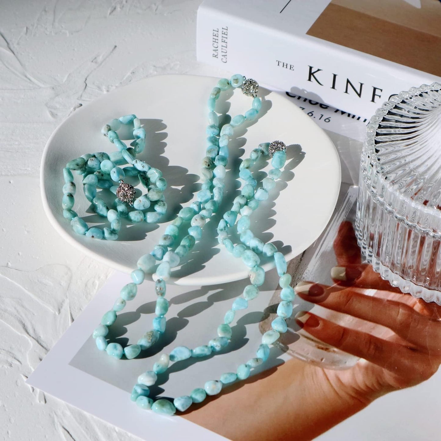 Collar de cuentas de larimar de piedra natural de 45 cm con cierre magnético de cristal 