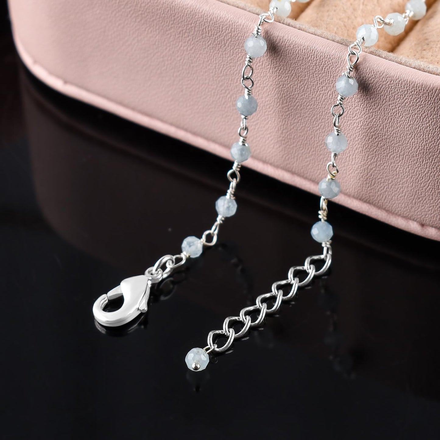 YANARA Larimar Rosary Anklet, Faceted 3mm Gemstone Beads, Silver-Plated Brass, 9”+1.5” Extender, Lobster Clasp, Summer Beach Gift for Women