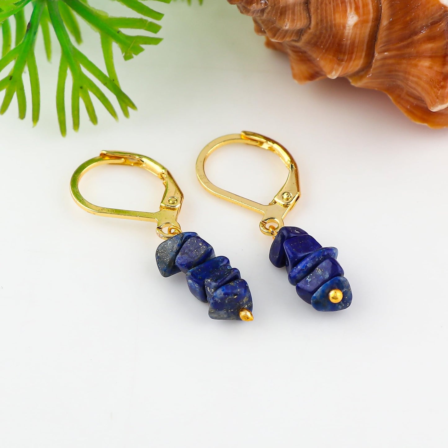 Gemsymphony Larimar Chip Dangle Earrings, Gold-Plated Leverback Hooks, Hypoallergenic, Handmade Lightweight Boho Gift for Women