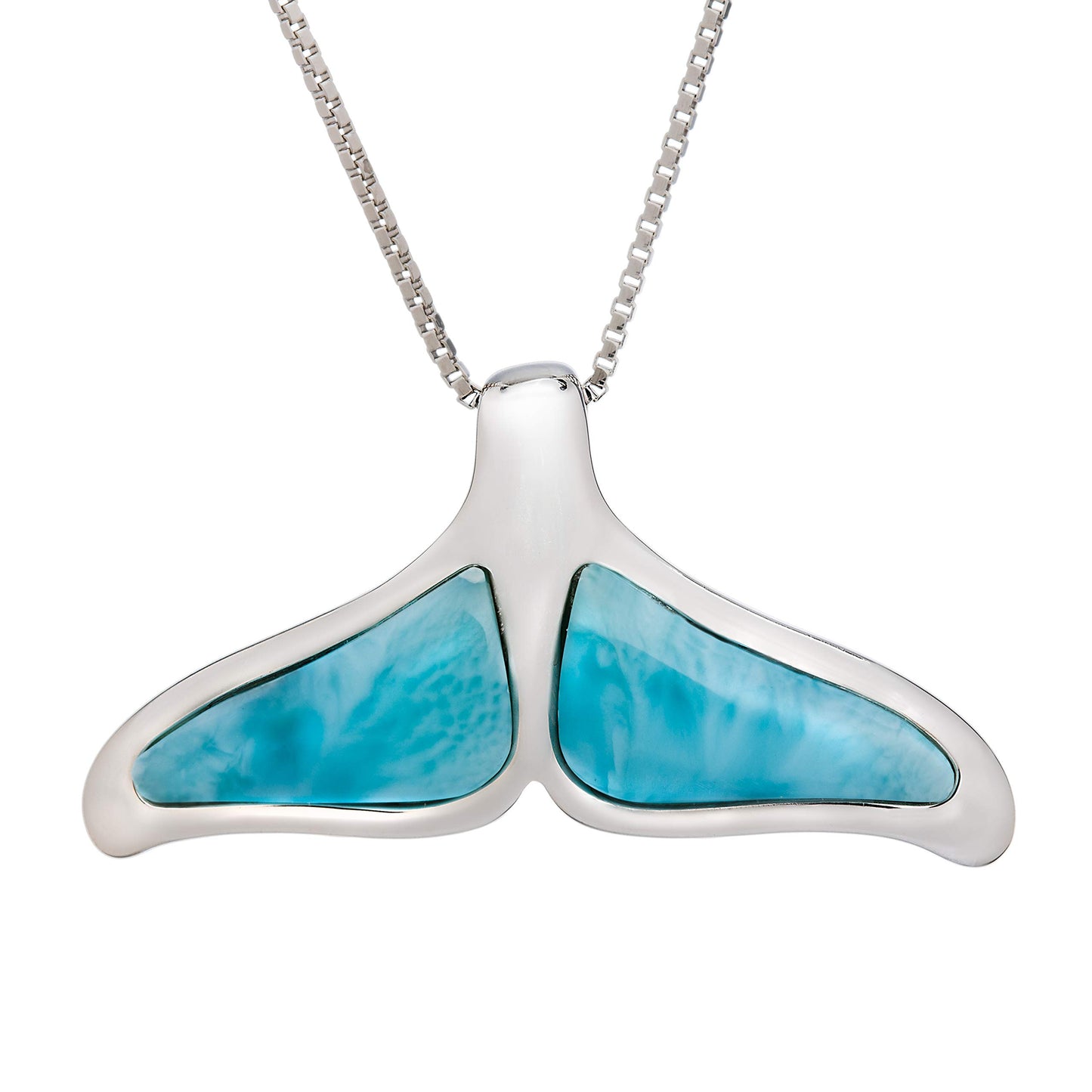 Sterling Silver Natural Larimar Whale Tail Necklace – 925 Silver Rhodium Plated Pendant with 18” Box Chain, Hypoallergenic, Gift Box Included