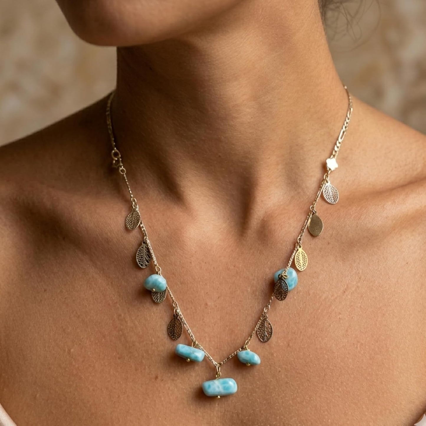 Larimar Necklace Gold Filled – Genuine Dominican Larimar Stone Jewelry – Handmade Caribbean Gemstone Necklace – Elegant Ocean Blue Pendant Necklace