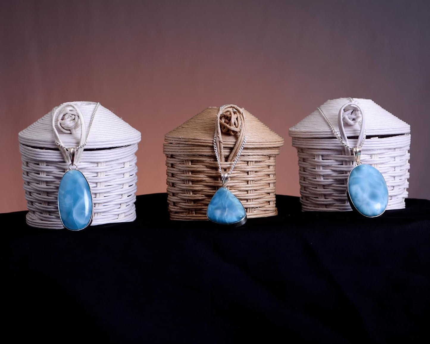 Artisanal Creation in 925 Silver: Set of Earrings, Chain, and Pendant with Natural Larimar Stones