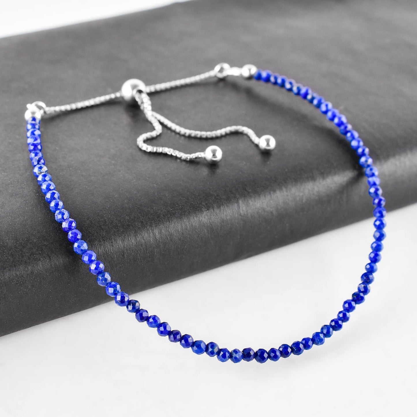 Pulsera bolo de larimar OdrillionGems en plata de ley 925 rodiada, cuentas facetadas azul cielo de 3 mm, cadena ajustable, regalo minimalista hecho a mano para mujer. 