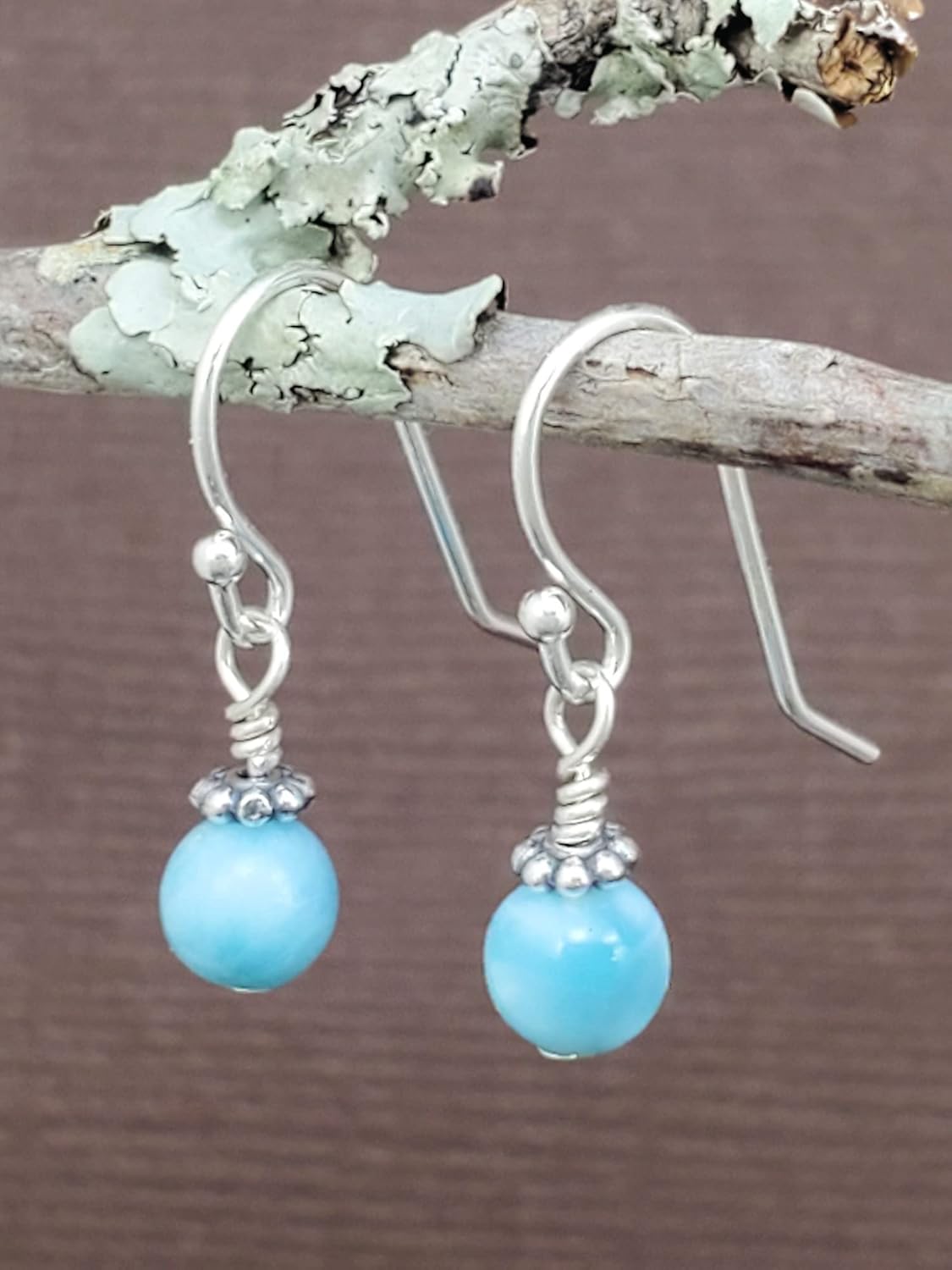 Pendientes colgantes de plata de ley con cuentas de larimar dominicano, piedras preciosas caribeñas hechas a mano, gancho francés, caja de regalo