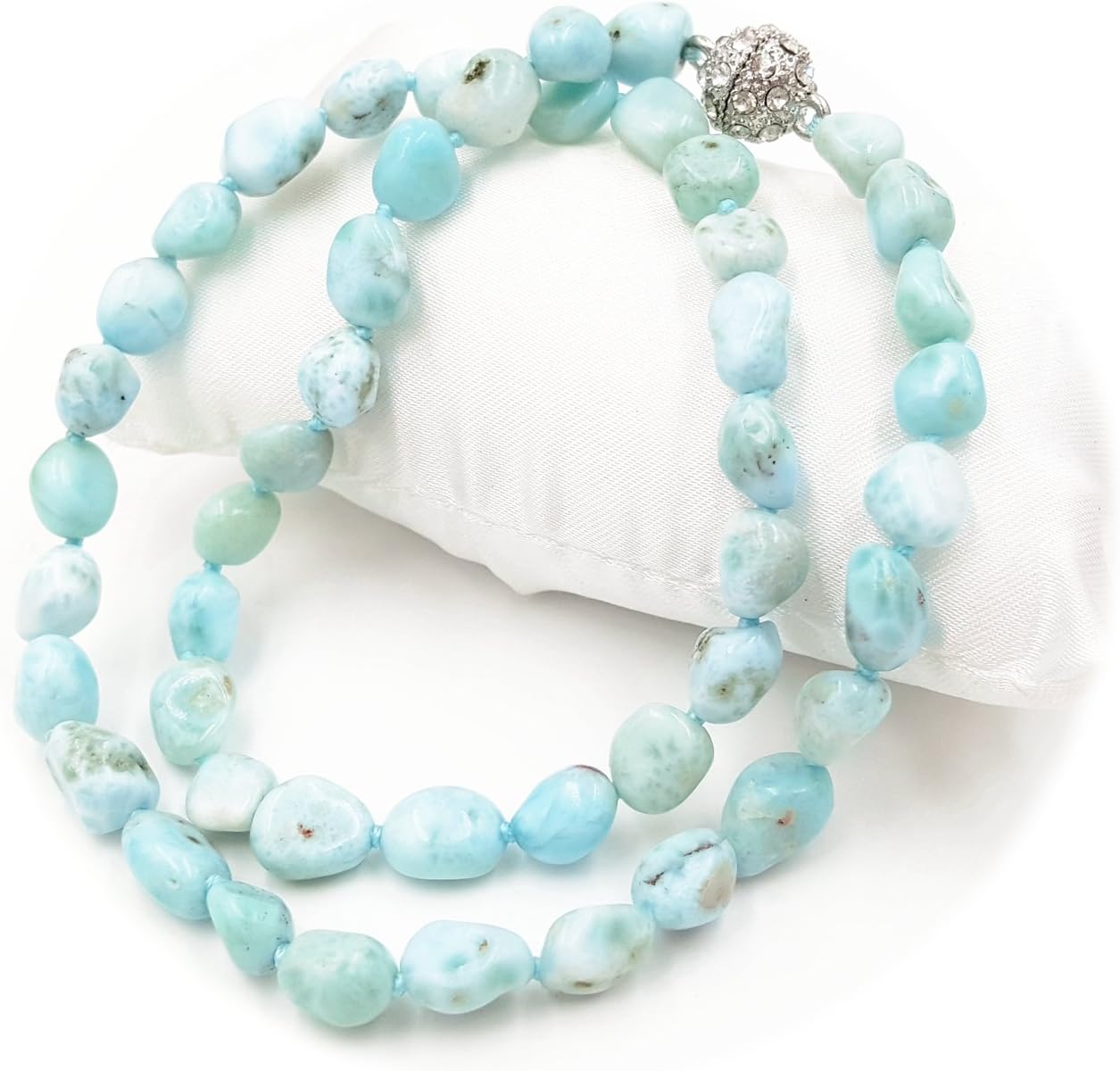 Collar de cuentas de larimar de piedra natural de 45 cm con cierre magnético de cristal 