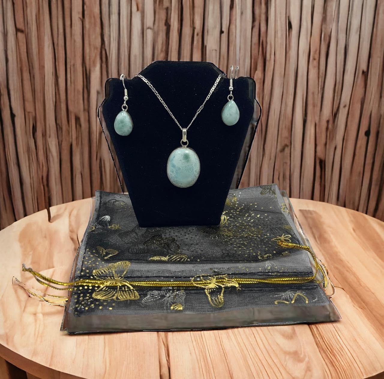 Artisanal Creation in 925 Silver: Set of Earrings, Chain, and Pendant with Natural Larimar Stones