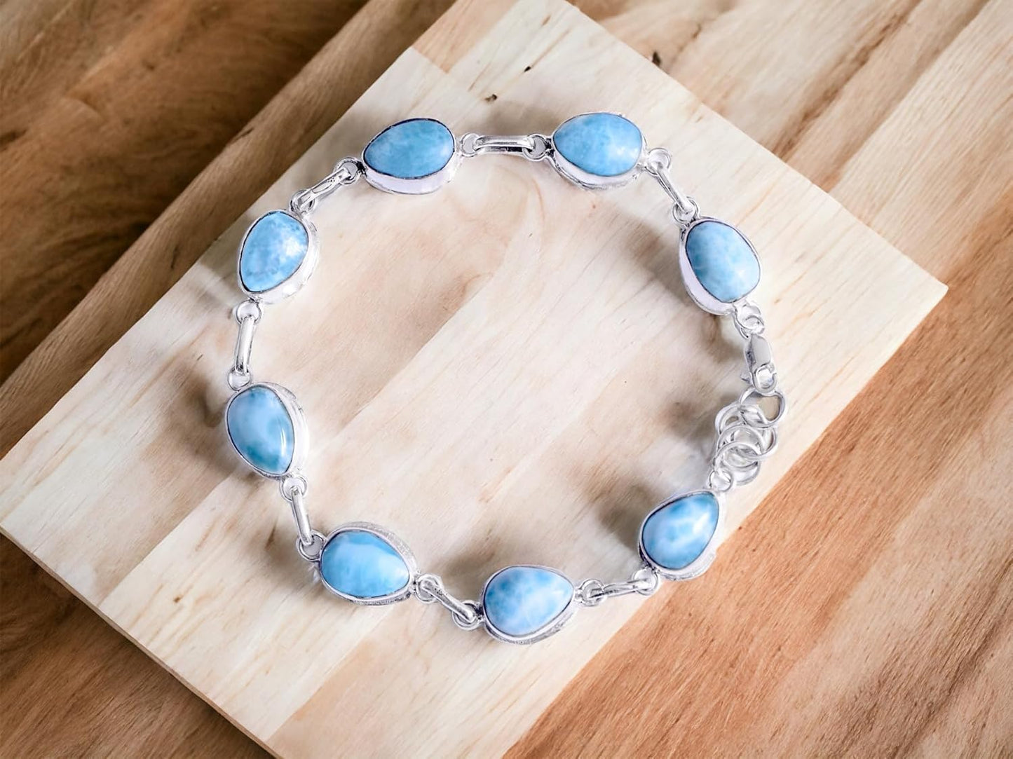 Bracelet, 925 Silver Bangle With Natural Larimar Drops, 8 Inches In Length. Premium Handmade Bracelet.