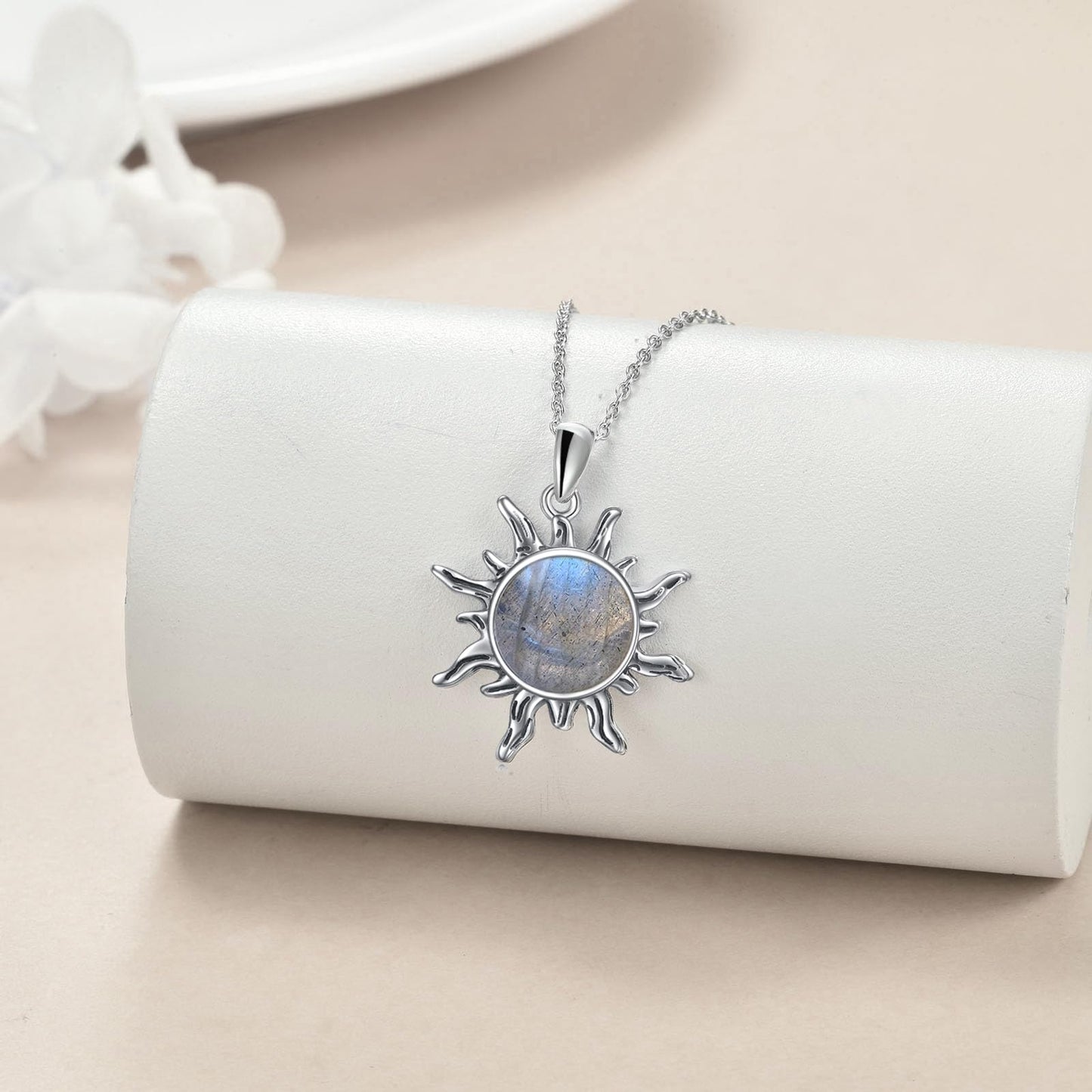 Collar de sol de larimar TIGER RIDER en plata de ley 925, cadena de 45 cm + 5 cm, caja de regalo, joyería para mujer 