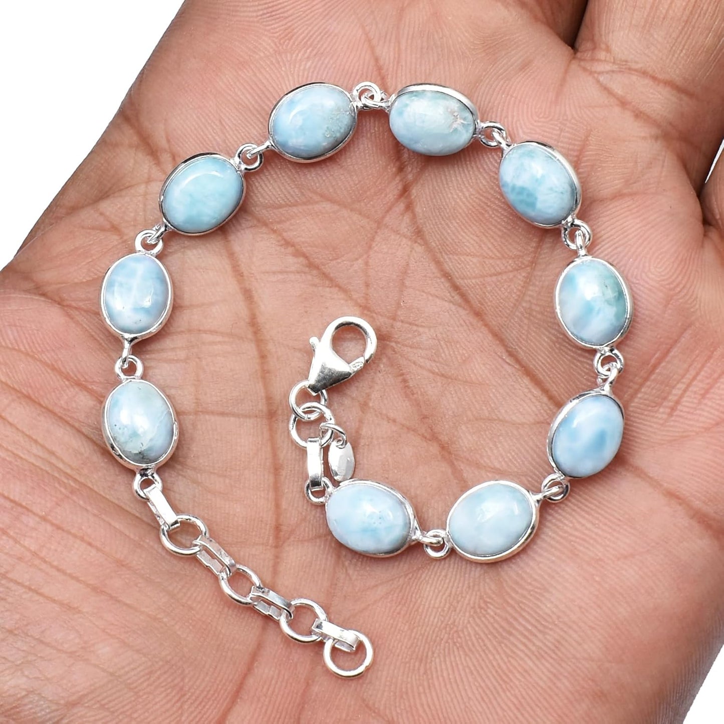 Silver Palace Larimar Link Tennis Bracelet in 925 Sterling Silver, Oval 7x9mm Stones, 7–8” Fit, Lobster Clasp, Unisex Gift