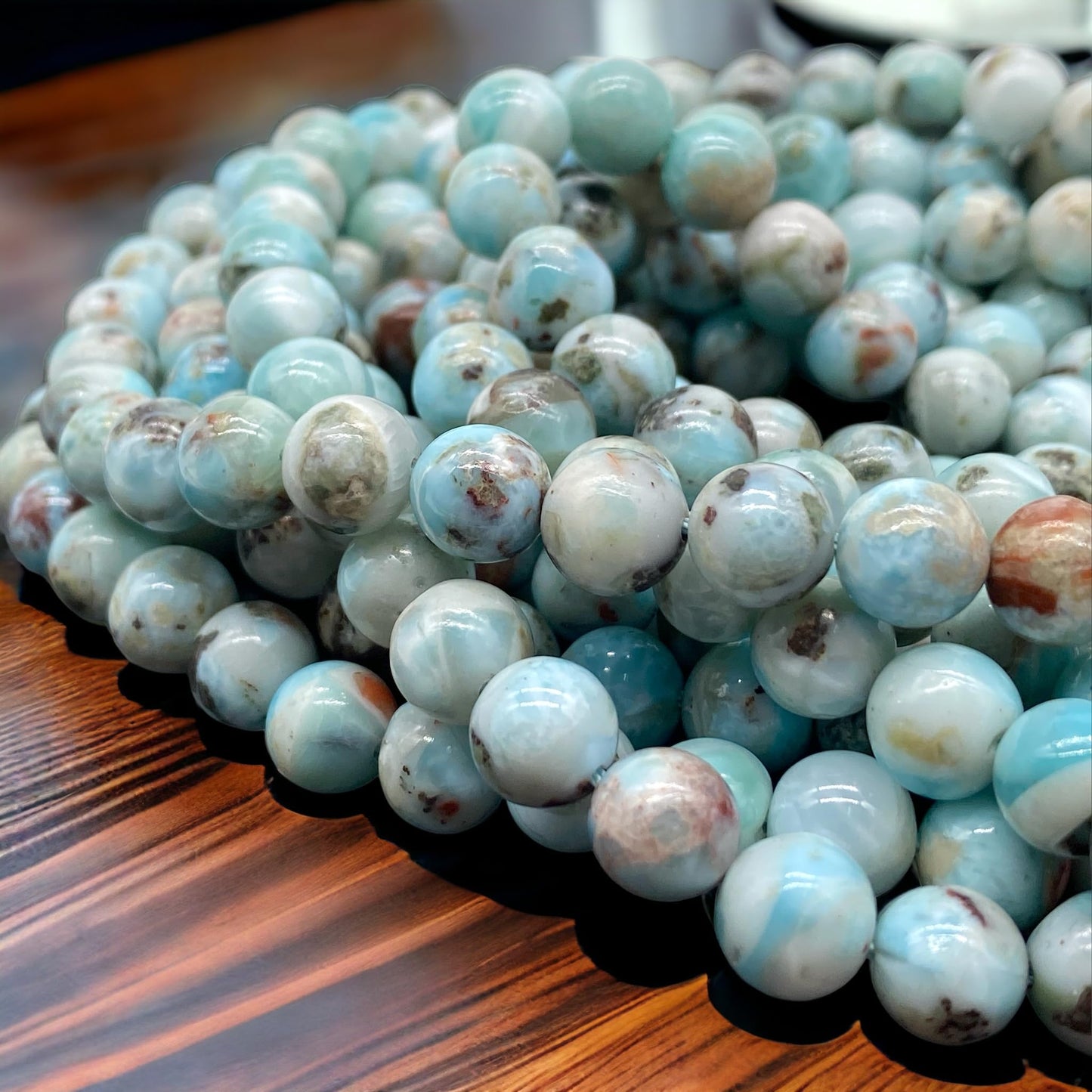 Cuentas sueltas de larimar Barahona de ABCGEMS, 10 mm, redondas y lisas, con inclusiones dendríticas negras, tira de 39 cm, agujero de 1 mm, República Dominicana, suministros para bisutería 