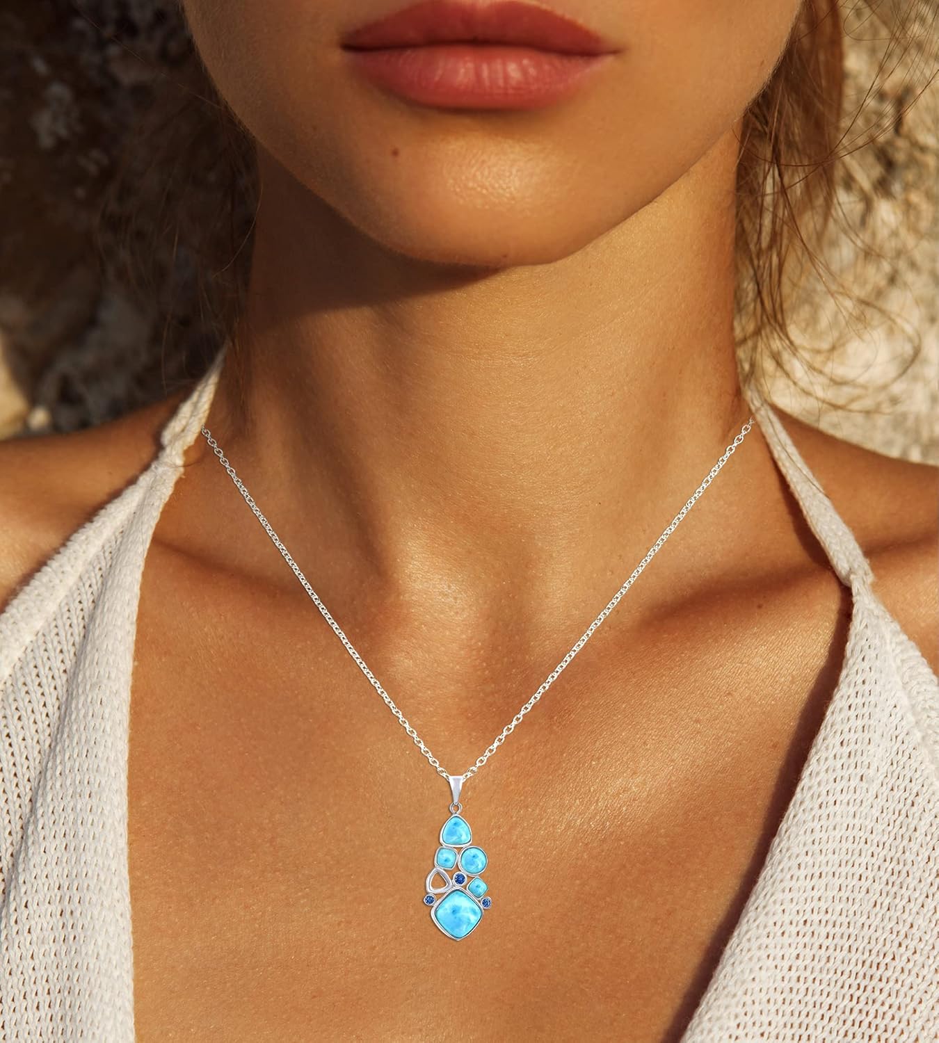 Beaux Bijoux Collar Larimar Natural en Plata 925 con Rodio, Cadena 18”, Colgante con Circonia Azul, Joyería Fina para Mujer, Caja de Regalo