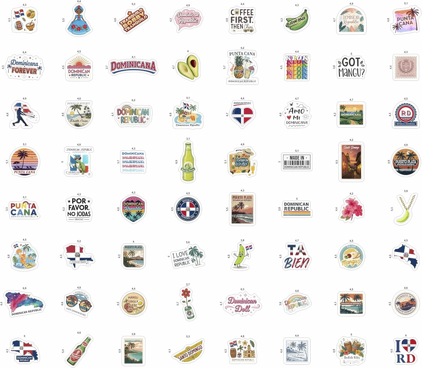 Paquete de 100 pegatinas dominicanas: calcomanías de viaje para botellas, portátiles y equipaje 