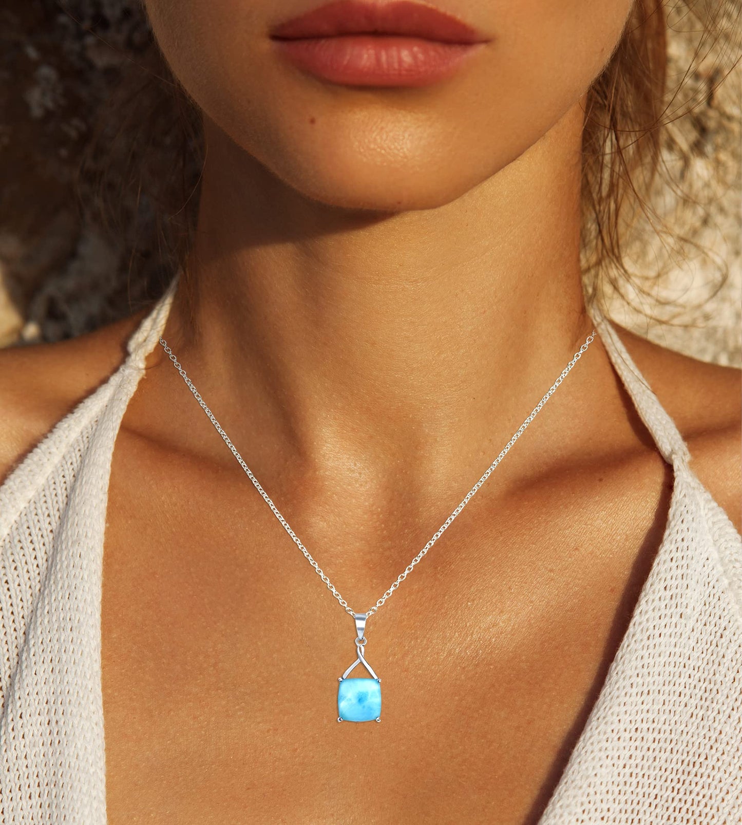Beaux Bijoux 925 Sterling Silver Cushion-Cut Natural Larimar Pendant Necklace, X Design, 18” Diamond-Cut Cable Chain, Spring Ring Clasp, Gift Box