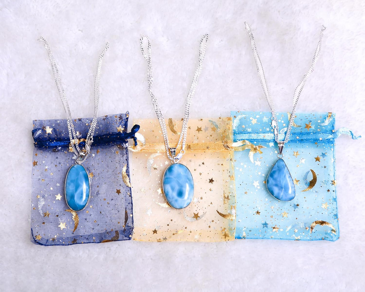 Artisanal Creation in 925 Silver: Set of Earrings, Chain, and Pendant with Natural Larimar Stones