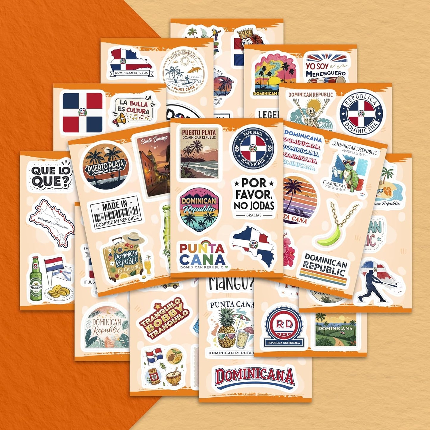 Paquete de 100 pegatinas dominicanas: calcomanías de viaje para botellas, portátiles y equipaje 