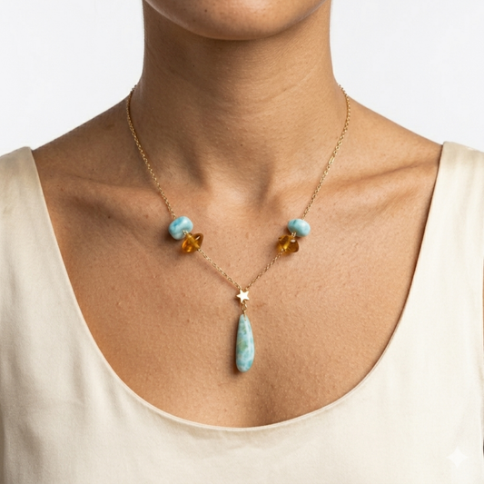 Larimar Drop Necklace Gold Filled – Dominican Blue Gem Pendant