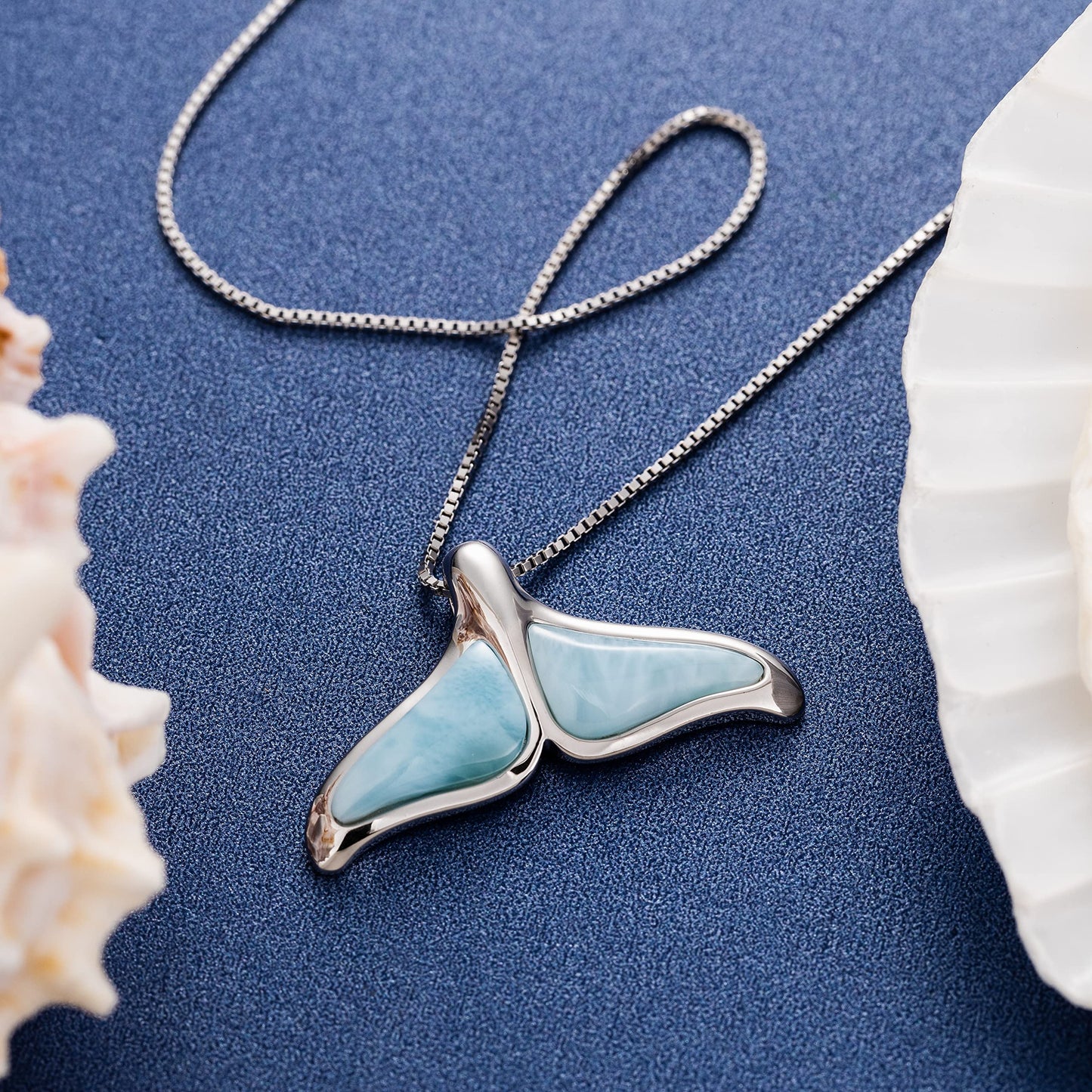 Sterling Silver Natural Larimar Whale Tail Necklace – 925 Silver Rhodium Plated Pendant with 18” Box Chain, Hypoallergenic, Gift Box Included