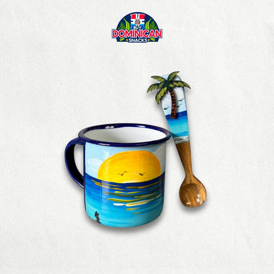 Enamel-Coated Aluminum Mug Set with Beach Design and Spoon – Coastal Elegance