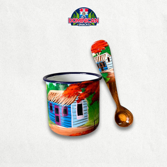 Taza de aluminio esmaltado con diseño de campo dominicano y juego de cucharas