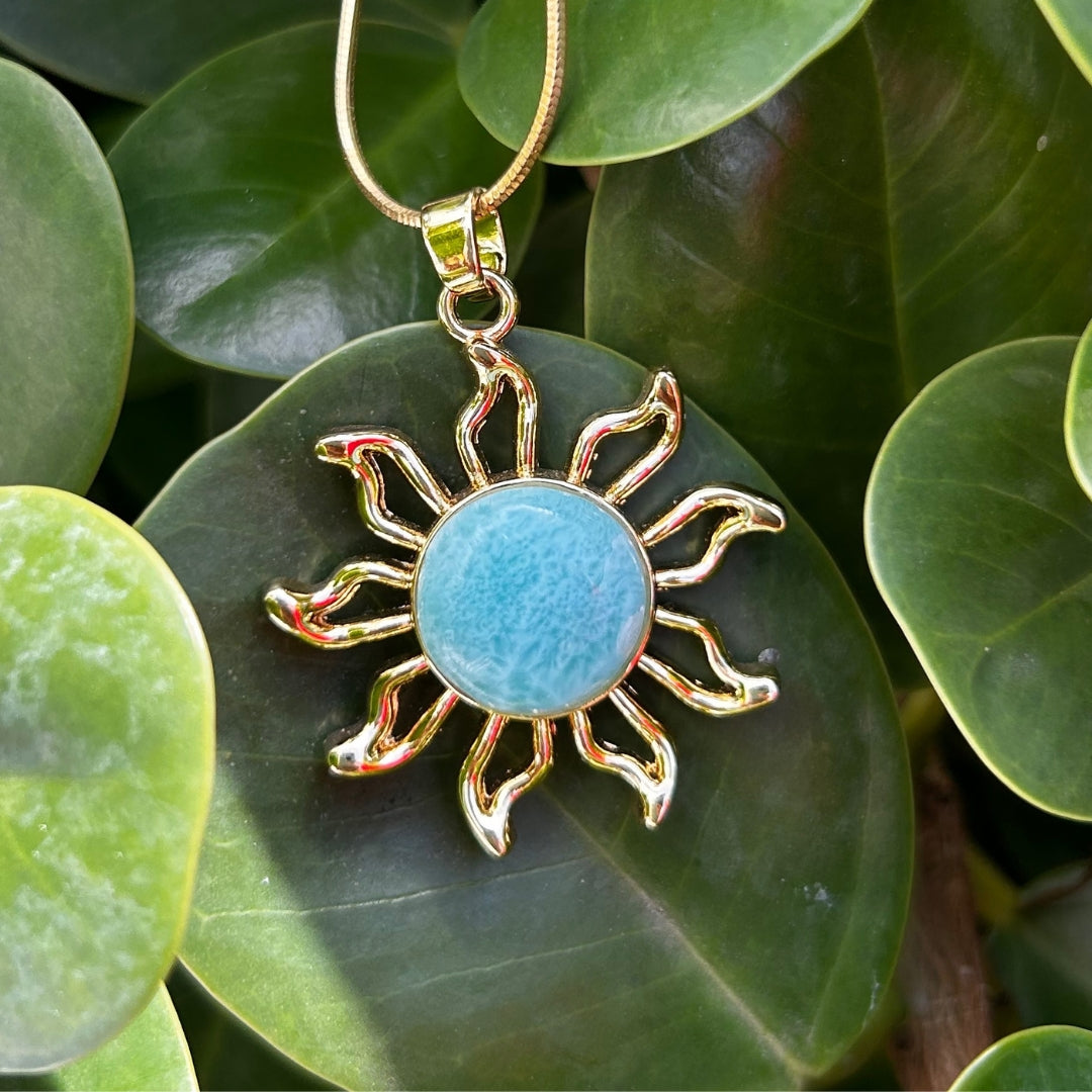 Gold-Plated Sun Necklace with Larimar: A Radiant Touch of Serenity