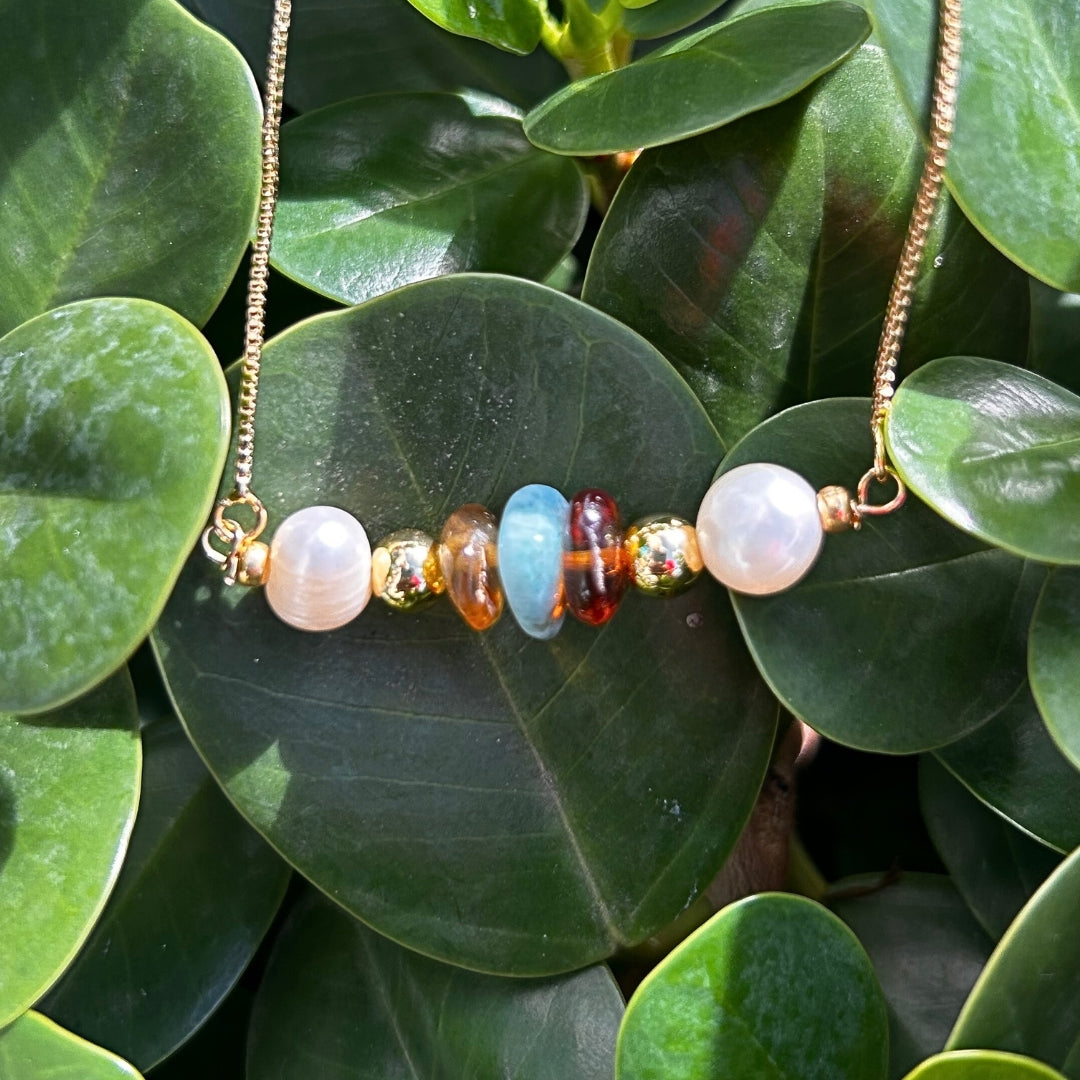 Gold-Plated Pearl, Larimar, and Amber Necklace: A Beautiful Harmony of Nature