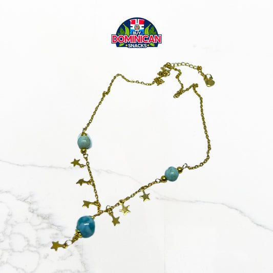 925 Silver Gold-Plated Necklace with Larimar or ambar Chips and Star Accents: A Perfect Blend of Dominican Elegance and Celestial Charm