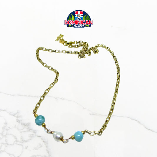 925 Silver Gold-Plated Necklace with a Pearl and Larimar Chips: A Luxurious Blend of Elegance and Natural Beauty