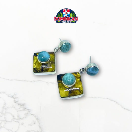 Pendientes de marco de ámbar con esfera de larimar: una combinación perfecta de elegancia dominicana