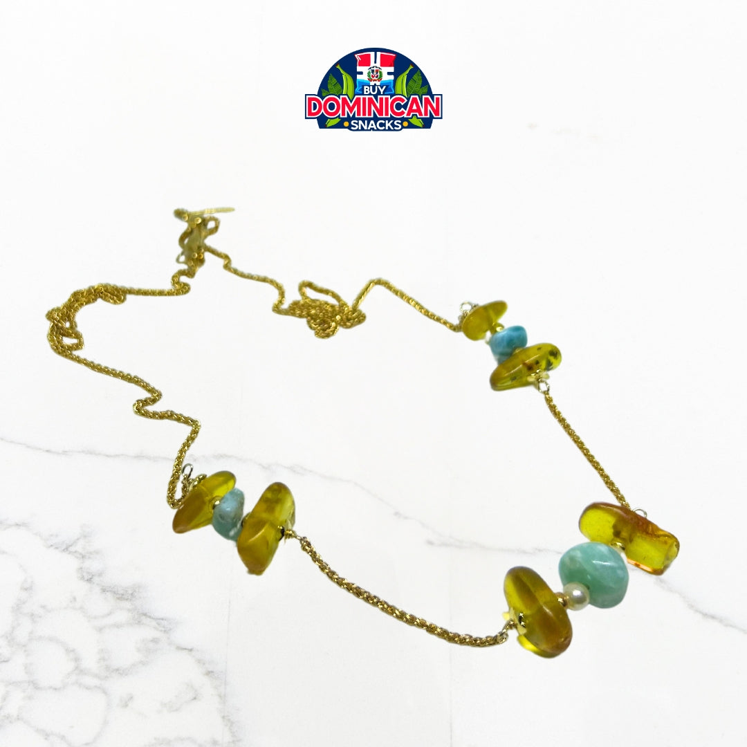 Long Necklace with 3 Sets of Larimar and Amber: A Beautiful Fusion of Dominican Elegance