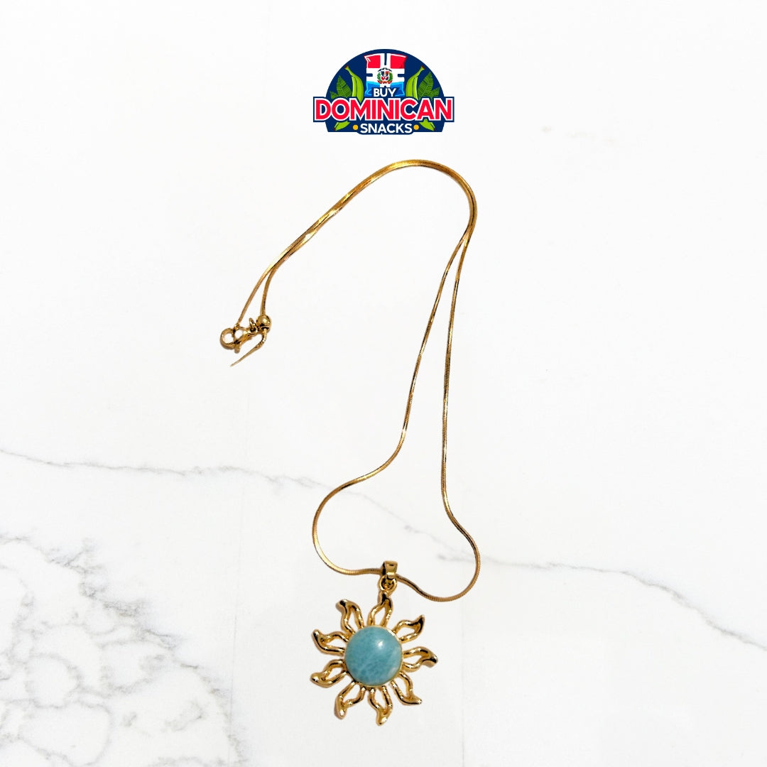 Gold-Plated Sun Necklace with Larimar: A Radiant Touch of Serenity