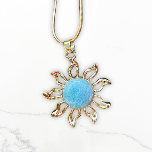 Gold-Plated Sun Necklace with Larimar: A Radiant Touch of Serenity