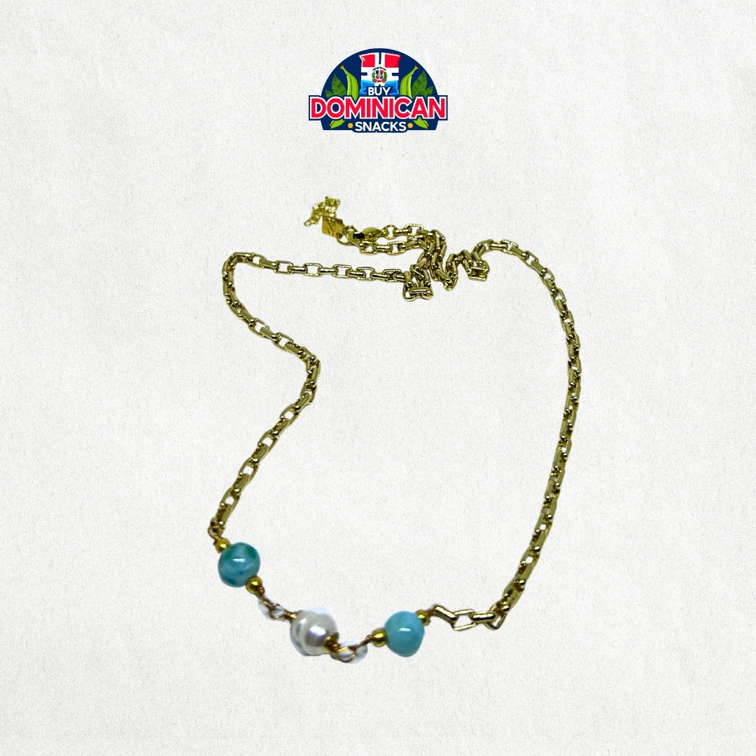 925 Silver Gold-Plated Necklace with a Pearl and Larimar Chips: A Luxurious Blend of Elegance and Natural Beauty