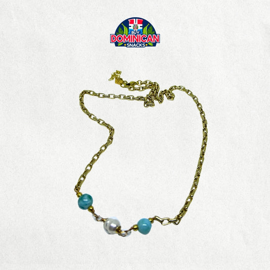 925 Silver Gold-Plated Necklace with a Pearl and Larimar Chips: A Luxurious Blend of Elegance and Natural Beauty