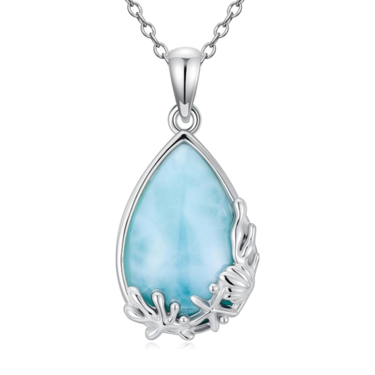 Collar con colgante de estrella de mar y larimar en plata de ley 925, piedra preciosa en forma de lágrima, cadena ajustable de 45 a 50 cm, joya de playa y océano para mujer. 