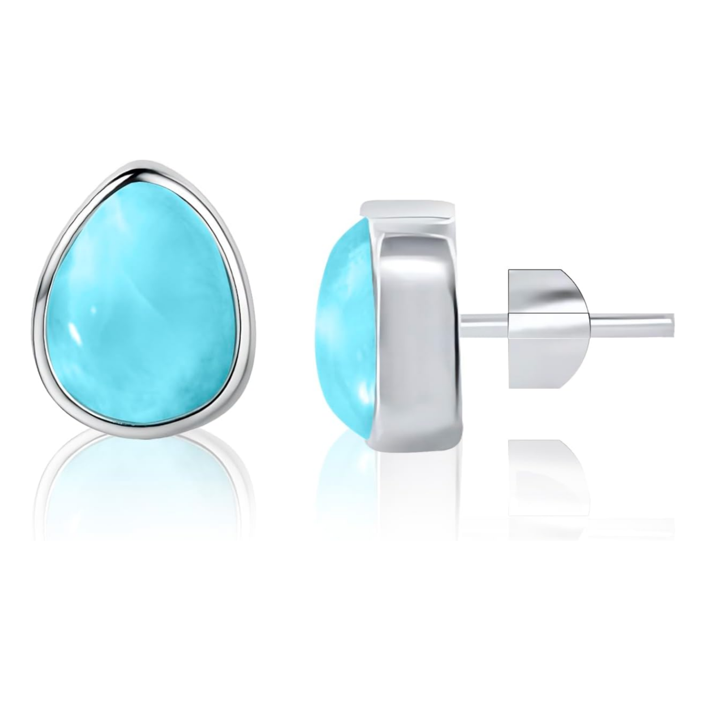 925 sterling silver sleeper-style earrings with natural Larimar tear drops, handcrafted artisanally. With push-back or butterfly closures