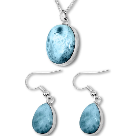 Creación Artesanal en Plata 925: Conjunto de Pendientes, Cadena y Colgante con Piedras Naturales de Larimar