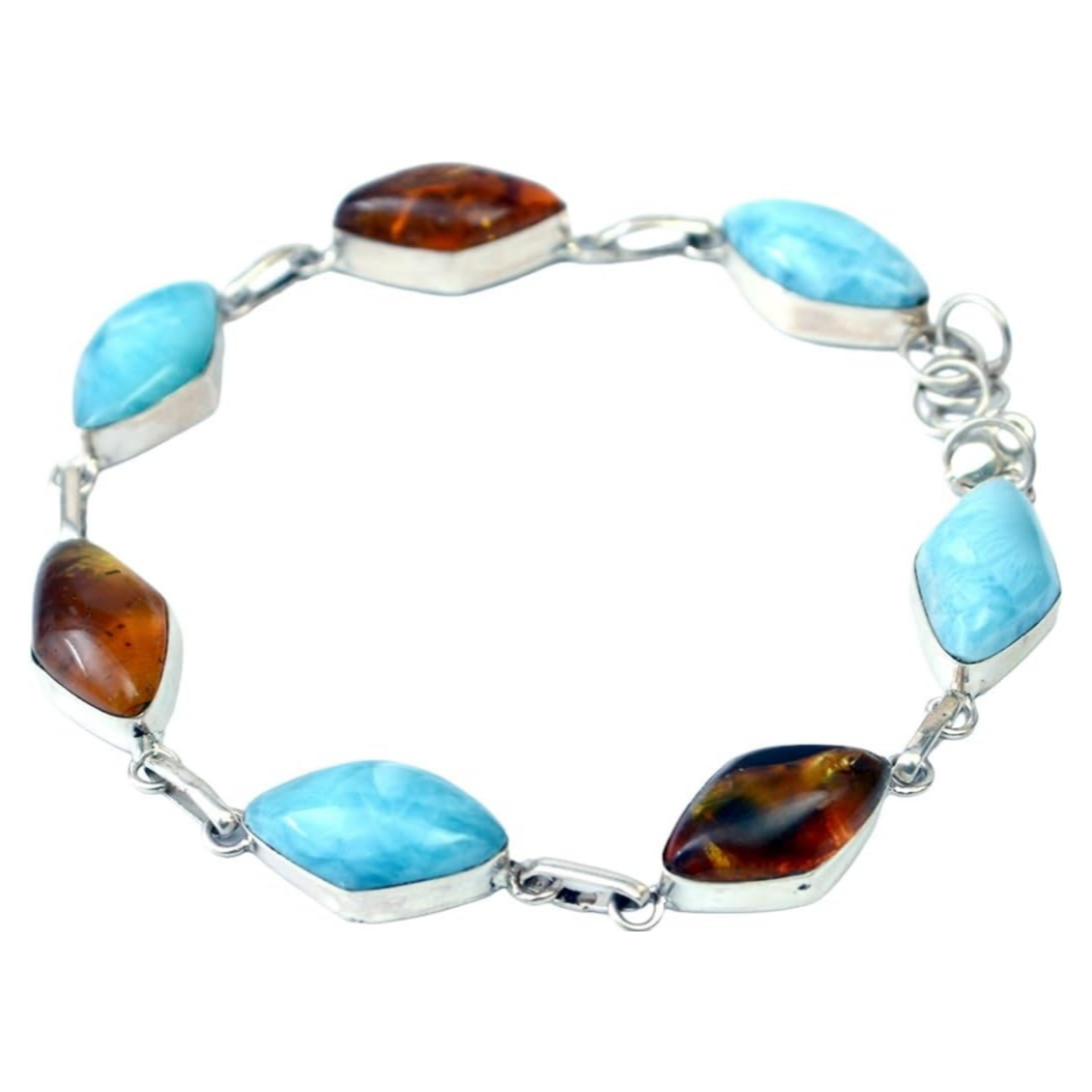 Exclusiva pulsera de plata de ley 925 con larimar natural y ámbar, 20 cm de elegancia artesanal.