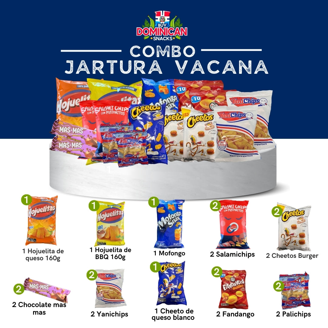 Combo Jartura Vacana (16 items): Hojuelitas, Fandango, Chocolate Mas Mas, Burger Cheetos, Salami Chips and more.