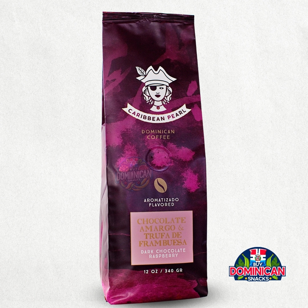 Café con sabor a chocolate negro y frambuesa Caribbean Pearl: 12 oz de café 100 % arábica con sabor dominicano