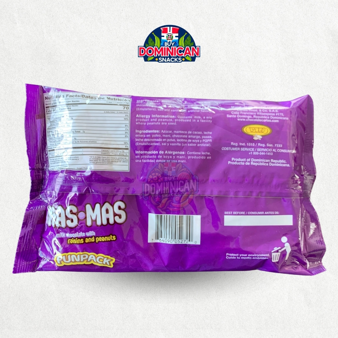 Cortes MAS MAS Barras de Chocolate con Leche con Pasas y Maní Tamaño Divertido 312g - Chocolates Dominicanos