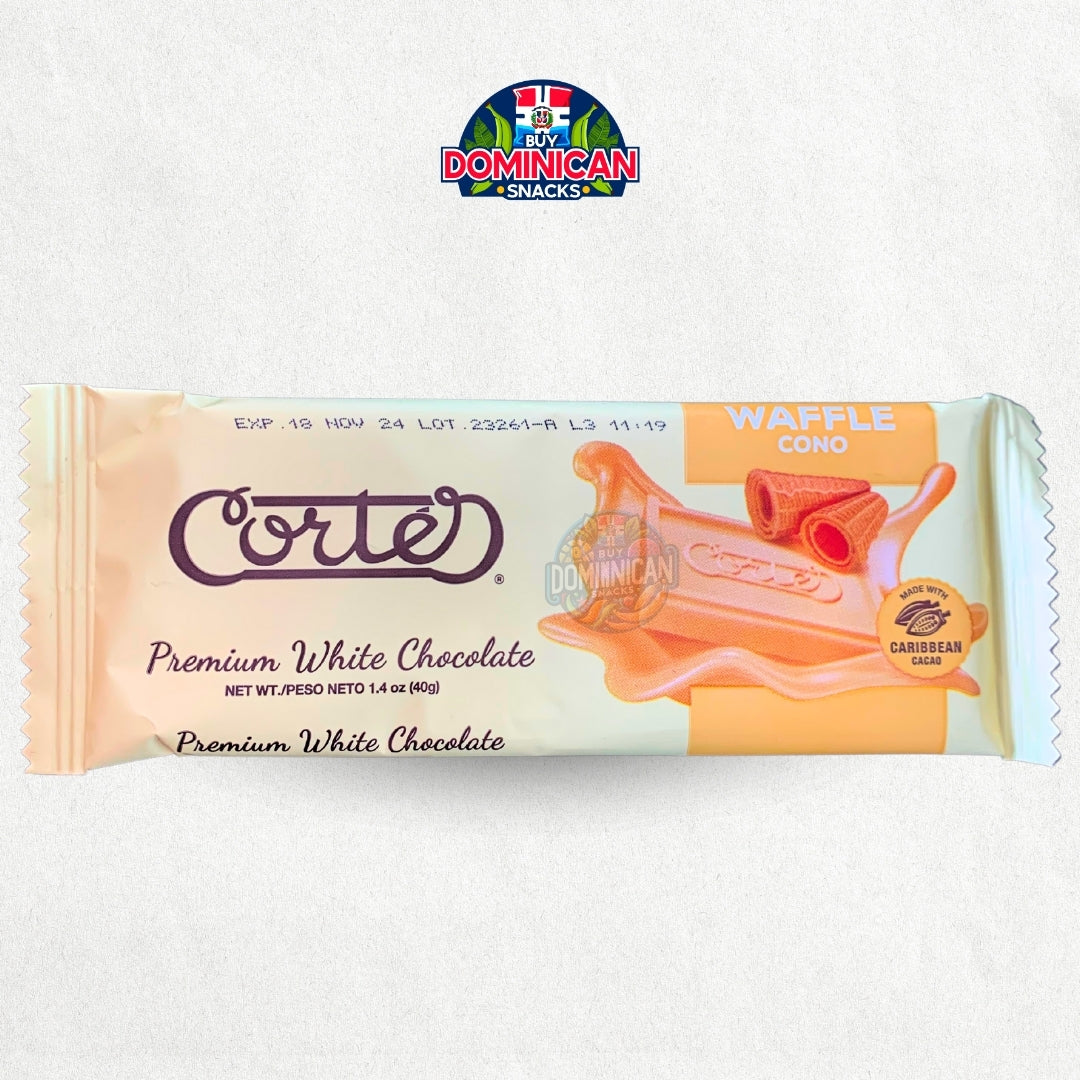 Cortes Cono Waffle Premium de Chocolate Blanco elaborado con Cacao Caribeño 40g - Dominican Candy Bar 