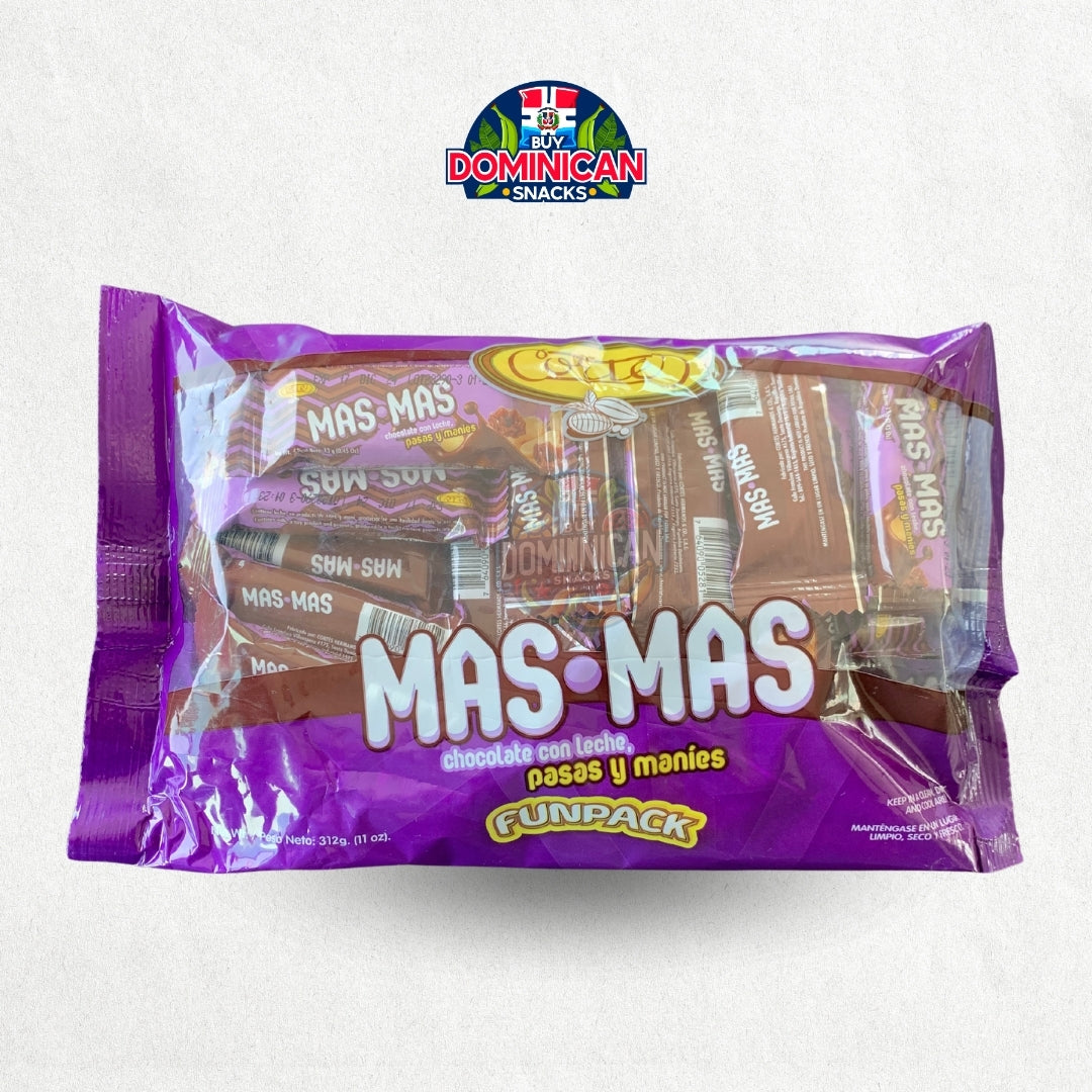 Cortes MAS MAS Barras de Chocolate con Leche con Pasas y Maní Tamaño Divertido 312g - Chocolates Dominicanos