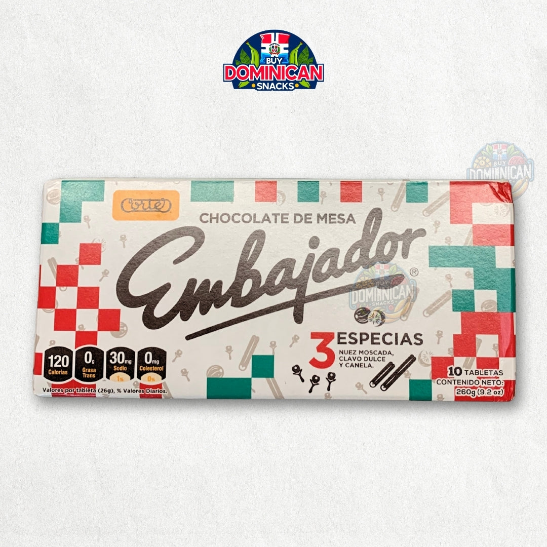 Cortés Embajador Chocolate con 3 Especias- 10 Barras de Tabletas Infusionadas con nuez moscada, clavo dulce y canela 260g.