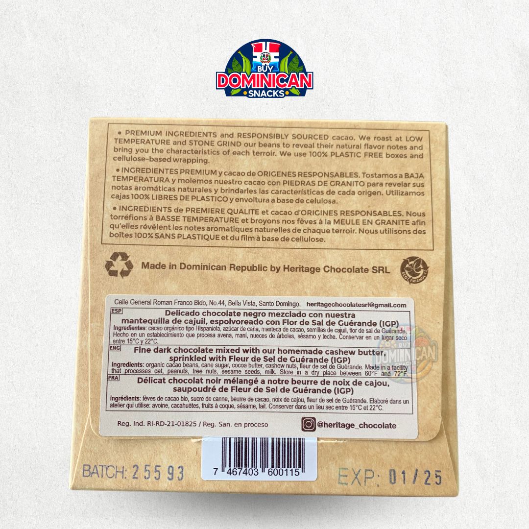 Heritage Chocolate 60% Cacao Mantequilla de Anacardos y Flor de Sal Chocolate Negro 70g