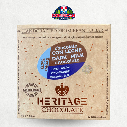Heritage Chocolate Dark Milk Chocolate Handmade in Dominican Republic 62% Cacao