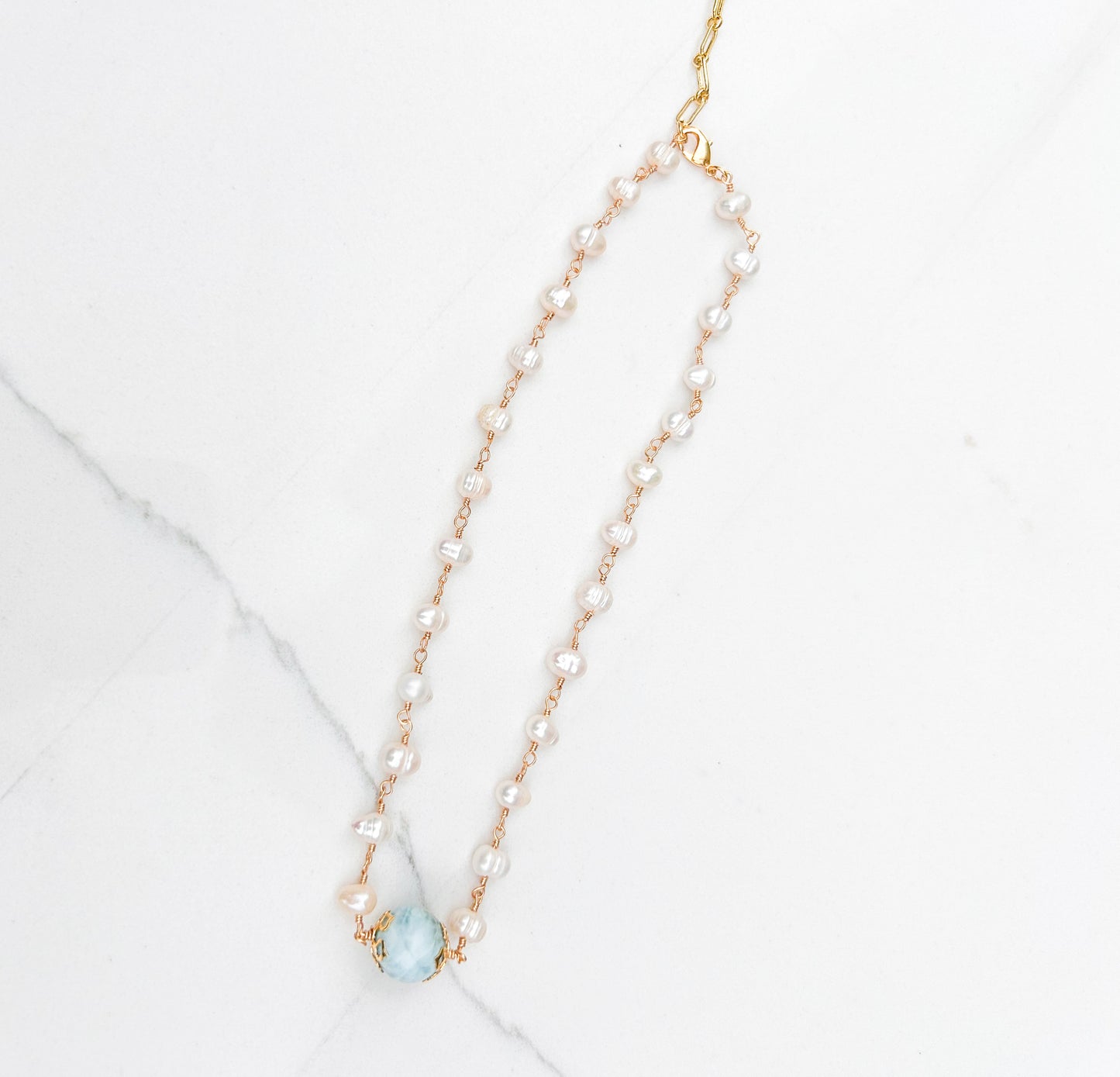 Gold-Plated Freshwater Pearl Necklace with Larimar Sphere Center- Authentic Dominican Larimar