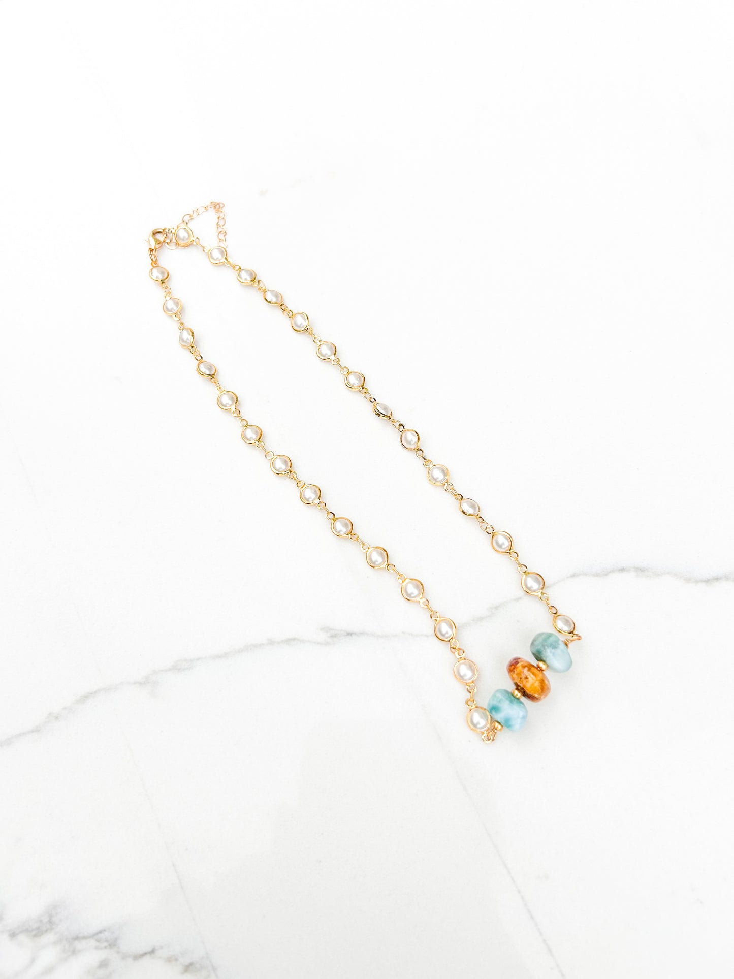 Gold-Plated Pearl Necklace with Amber and Larimar Chip Center - Authentic Dominican Jewlery