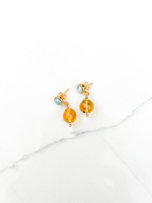 Silver Earrings with Larimar and Amber Sphere - Dominican Jewlery