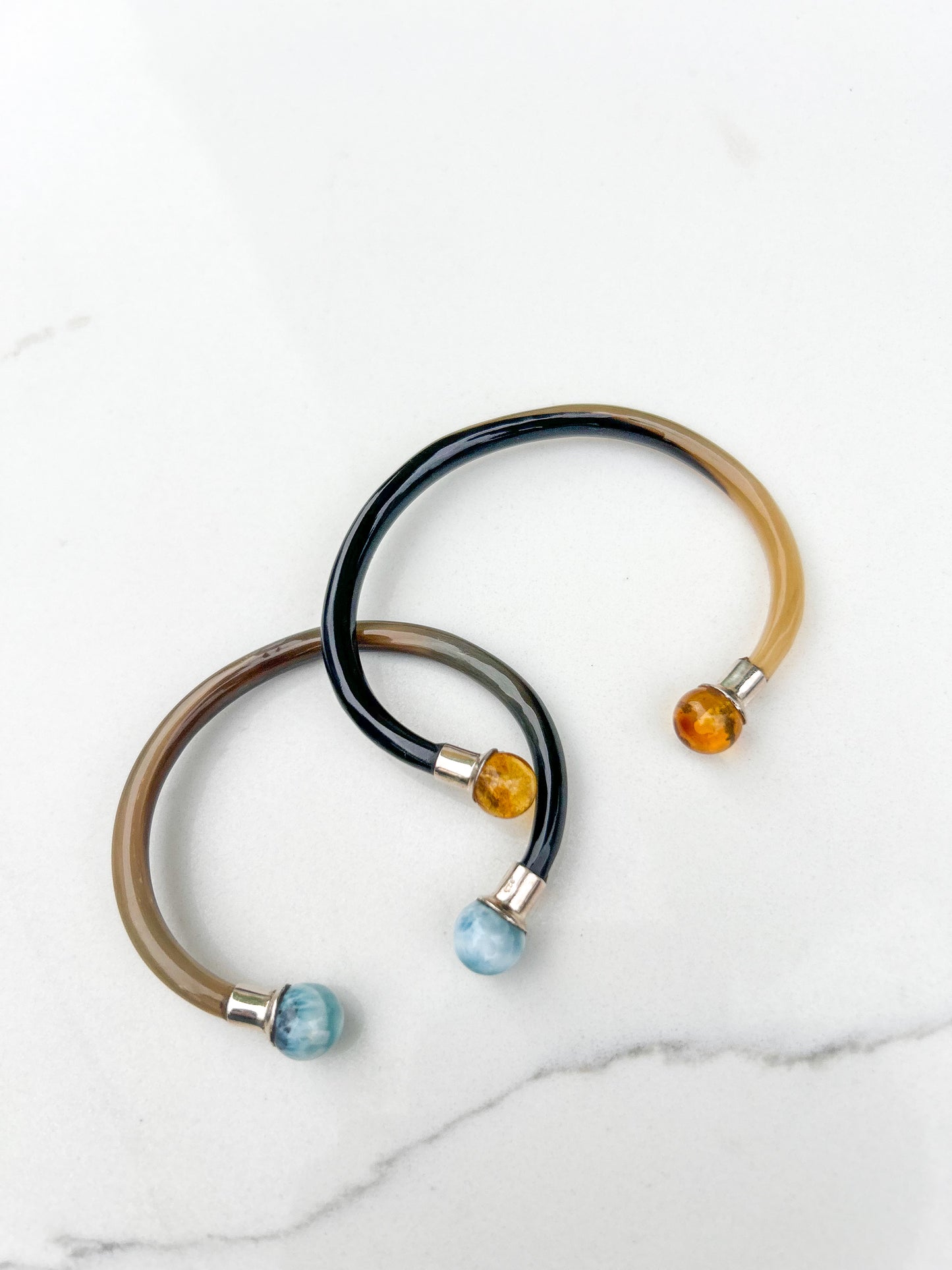 Amber and Larimar Horn Bracelets - 100% authentic Dominican gemstones